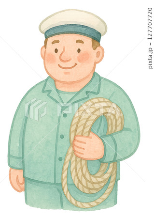 ロープを持つ男性船員の水彩イラスト PNG 透過背景素材 ロープを持つ男性船員の水彩イラスト PNG 透過背景素材 127707720