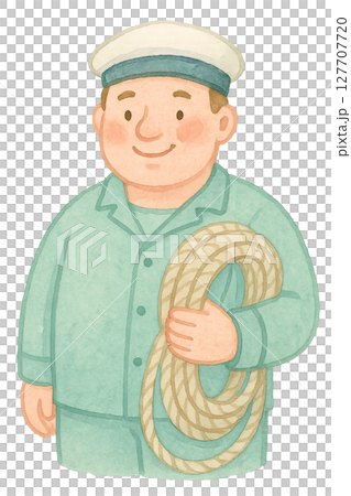 ロープを持つ男性船員の水彩イラスト PNG 透過背景素材 ロープを持つ男性船員の水彩イラスト PNG 透過背景素材 127707720