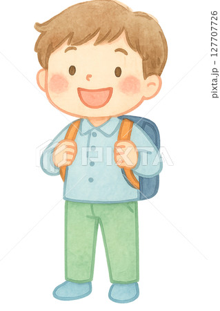 ランドセルを背負う小学生の男の子 水彩イラスト PNG 透過背景素材 127707726