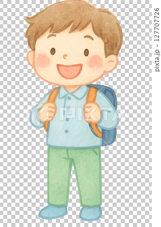 ランドセルを背負う小学生の男の子 水彩イラスト PNG 透過背景素材 127707726