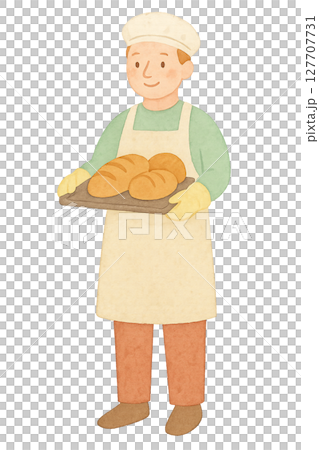 パンを持つ男性パン職人の全身水彩イラスト PNG 透過背景素材 127707731