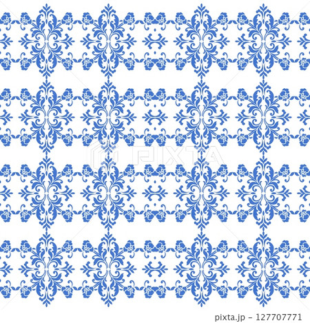 Mediterranean floral seamless pattern of blue red and yellow tiles. Ethnic mosaic design of Portuguese, Italian, Spanish decorative motifs. Ornament for home textile or ceramic. Vector illustration 127707771