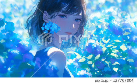 青い紫陽花の中に立つ女性 青い紫陽花の中に立つ女性 127707804