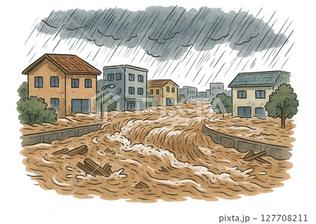 豪雨で川が氾濫して洪水に 豪雨で川が氾濫して洪水に 127708211