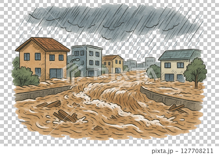 豪雨で川が氾濫して洪水に 豪雨で川が氾濫して洪水に 127708211