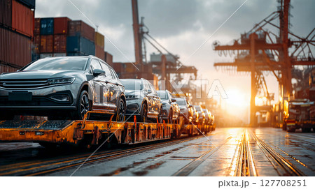 Cars on a transport platform at the port. In the background, containers and cranes. Logistics, transportation, international trade, and cargo transportation. 127708251