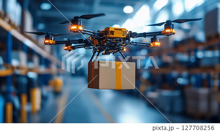 A drone carrying a box inside a warehouse or logistics center. Automation, delivery, and innovative technologies. 127708256