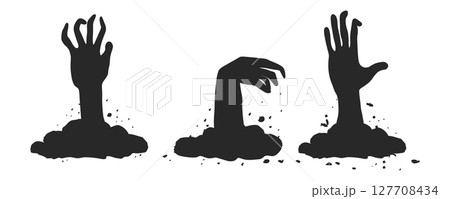 Scary monster hand emerging from the ground. Halloween-themed vector silhouette for horror designs.Evil undead hand silhouette clawing from the grave. Halloween graphic element 127708434