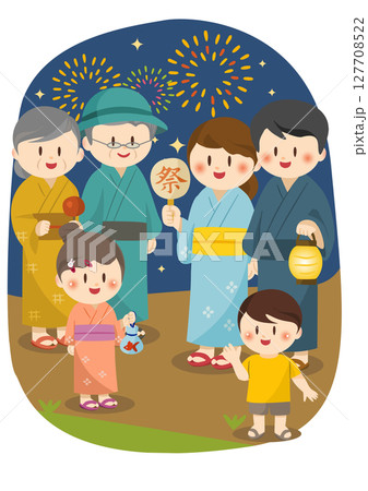 夏祭りを楽しむ家族のイラスト、Family Enjoying Summer Festival wit 127708522
