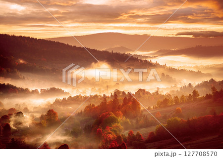 Morning mountain landscape, autumn seasonal background, amazing sunrise Morning mountain landscape, autumn seasonal background, amazing sunrise 127708570