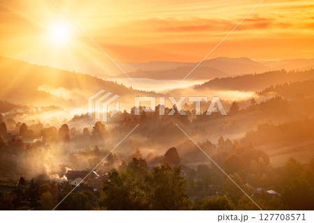 Morning mountain landscape, autumn seasonal background, amazing sunrise 127708571