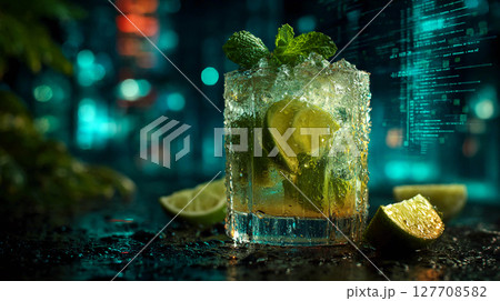 Refreshing drink in a tall glass with lime slices and mint. The background is dark with digital lines reminiscent of cyberspace or digital themes. 127708582