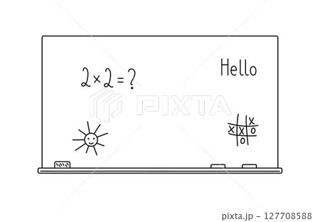 School blackboard with chalk, eraser and cute text imitating kids writing, hand drawn outline illustration back to school concept, chalkboard classroom accessory design element 127708588