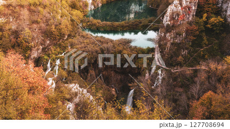 Autumn colors and waterfalls of Plitvice National Park in Croatia, seasonal colorful background Autumn colors and waterfalls of Plitvice National Park in Croatia, seasonal colorful background 127708694