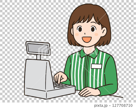 一位年輕女性便利商店店員練習收銀操作的插圖 127708710