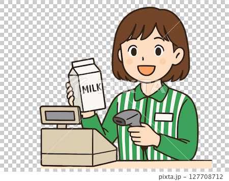 一位年輕的女性便利商店店員在收銀台工作的插圖 一位年輕的女性便利商店店員在收銀台工作的插圖 127708712