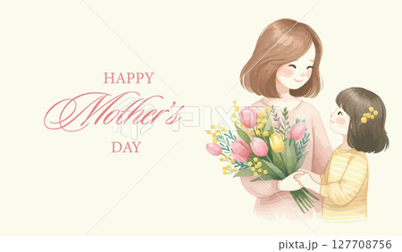 Happy Mother's Day banner, greeting card, poster, background, vector illustration with beautiful blossom flowers, mom and daughter. Happy Mother's Day banner, greeting card, poster, background, vector illustration with beautiful blossom flowers, mom and daughter. 127708756