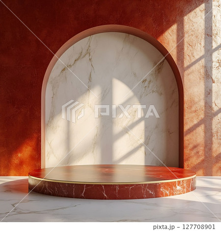 Minimalist Red Marble Pedestal in Arched Niche with Sunlight. Generative AI Minimalist Red Marble Pedestal in Arched Niche with Sunlight. Generative AI 127708901
