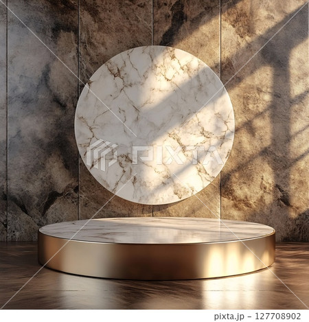 Round Marble Pedestal with Gold Rim Against Dark Textured Wall. Generative AI 127708902