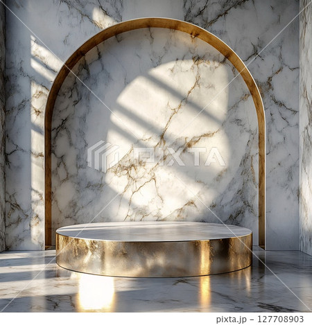 Minimalist Round White Marble Pedestal with Golden Base. Generative AI Minimalist Round White Marble Pedestal with Golden Base. Generative AI 127708903