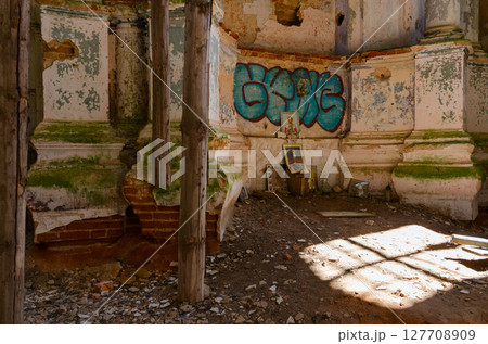 Devastation in abandoned Church of St. Anthony in agrotown of Knyazhitsy, Mogilev region, Belarus 127708909