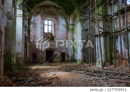 Devastation in abandoned Church of St. Anthony in the agrotown of Knyazhitsy, Mogilev region, Belarus 127708911