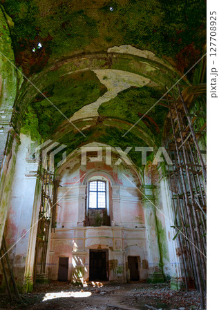 View inside abandoned Church of St. Anthony in the agrotown of Knyazhitsy, Mogilev region, Belarus 127708925
