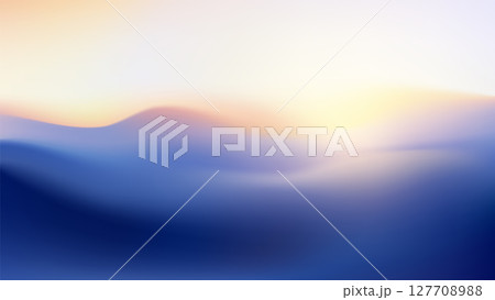 Gradient mountain landscape with sunrise. Vector wavy background. Blurry volumetric silhouettes of hills at sunset. Colorful abstract wallpaper. 127708988