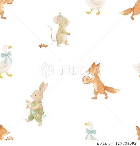 Seamless watercolor pattern with cute bunny, duck, mouse, and fox in pastel tones. Perfect for baby textiles, nursery decor, wrapping paper, and children's illustrations. 127708992