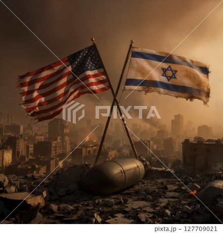US and Israeli flags fly near the site of the airstrike against the backdrop of the ruins of the city 127709021