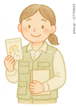 種もみとノートを持つ女性稲作研究者の水彩イラスト PNG 透過背景素材 127709035