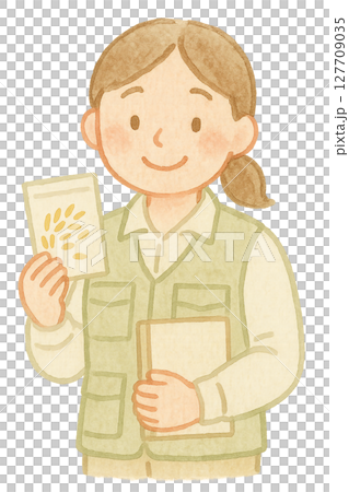 種もみとノートを持つ女性稲作研究者の水彩イラスト PNG 透過背景素材 127709035
