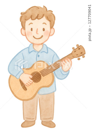 ギターを弾く男性ミュージシャンの水彩イラスト PNG 透過背景素材 127709041