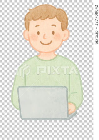 男性程式設計師使用筆記型電腦的水彩插圖PNG透明背景素材 127709042