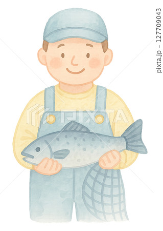 魚と網を持つ男性漁業従事者の水彩イラスト PNG 透過背景素材 127709043
