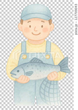 魚と網を持つ男性漁業従事者の水彩イラスト PNG 透過背景素材 127709043