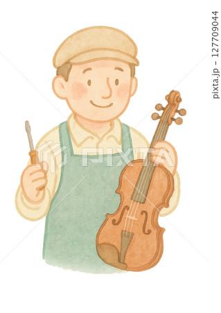バイオリンとドライバーを持つ男性楽器職人の水彩イラスト PNG 透過背景素材 127709044