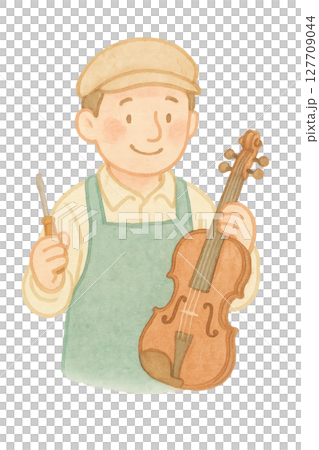バイオリンとドライバーを持つ男性楽器職人の水彩イラスト PNG 透過背景素材 127709044