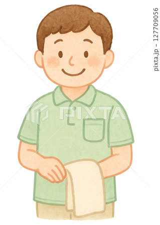 タオルを持つ男性介護職員の水彩イラスト PNG 透過背景素材 127709056
