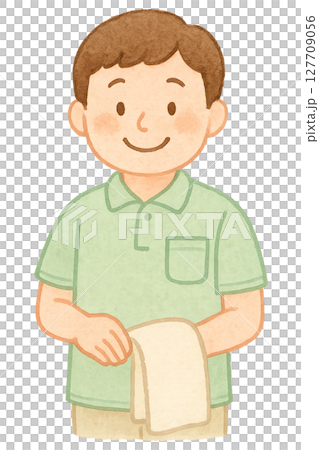 タオルを持つ男性介護職員の水彩イラスト PNG 透過背景素材 127709056