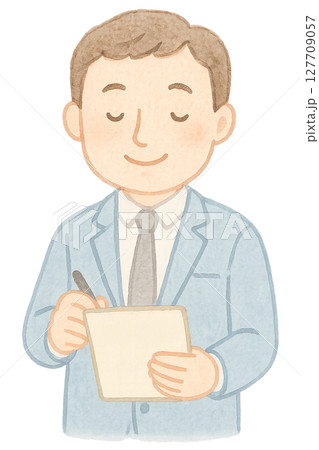 カルテを書く男性クリニック医師の水彩イラスト PNG 透過背景素材 127709057