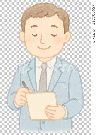 カルテを書く男性クリニック医師の水彩イラスト PNG 透過背景素材 127709057