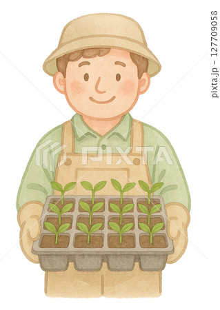 苗トレイを持つ男性種苗農家の水彩イラスト PNG 透過背景素材 127709058