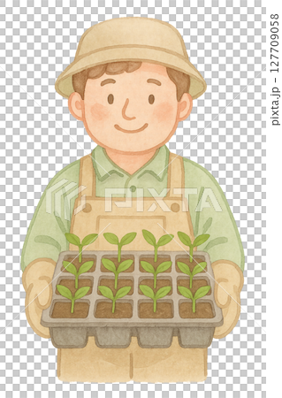 苗トレイを持つ男性種苗農家の水彩イラスト PNG 透過背景素材 127709058