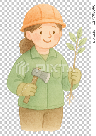 手持斧頭和樹苗的女林業工人水彩插圖PNG透明背景素材 127709060
