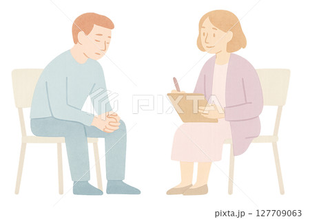カウンセリングを受ける男性と女性カウンセラーの水彩イラスト PNG 透過背景素材 127709063