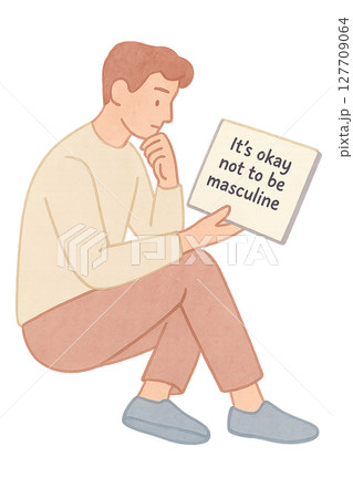 「男らしくなくてもいい」考える男性とメッセージボードの水彩イラスト PNG 透過背景素材 127709064