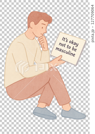「男らしくなくてもいい」考える男性とメッセージボードの水彩イラスト PNG 透過背景素材 127709064