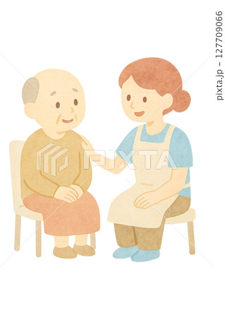 高齢者と会話する女性介護職員の水彩イラスト PNG 透過背景素材 127709066