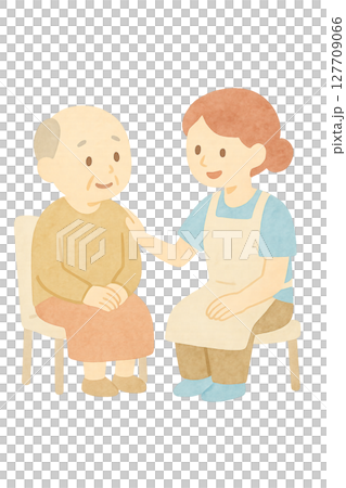 高齢者と会話する女性介護職員の水彩イラスト PNG 透過背景素材 127709066